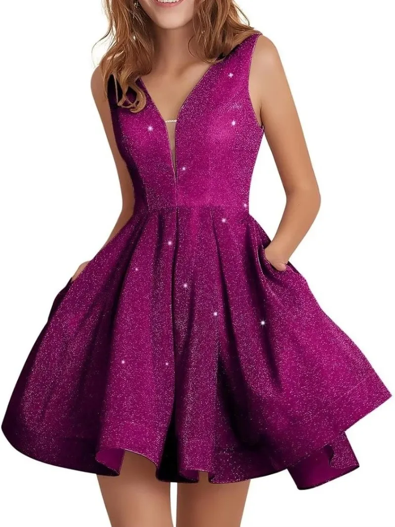 

Sparkly Spaghetti Straps Short Homecoming Dresses with Pockets Shiny Solid Sleeveless Vestido Fiesta Sweet A-line Cocktail Dress