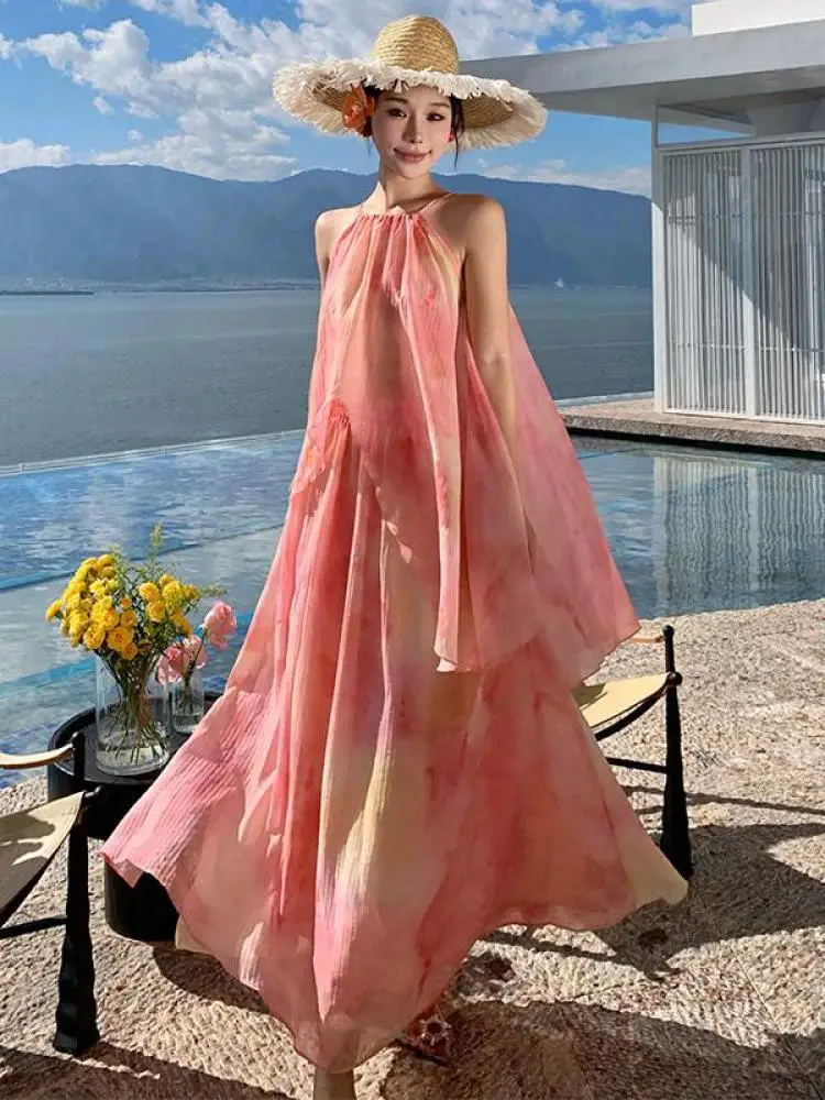 

Летние женские каникулы Свободная юбка из двух частей Розовый Tie Dye Топы без рукавов с открытыми плечами + плиссированная длинная юбка с высокой талией