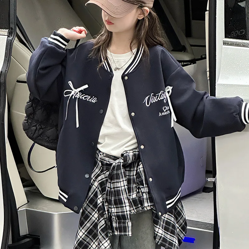 

Kids Girls Coat Autumn Bowknot Letter Printed School Girls Outwear Striped Single-breasted Round Neck Children Girls Jacket