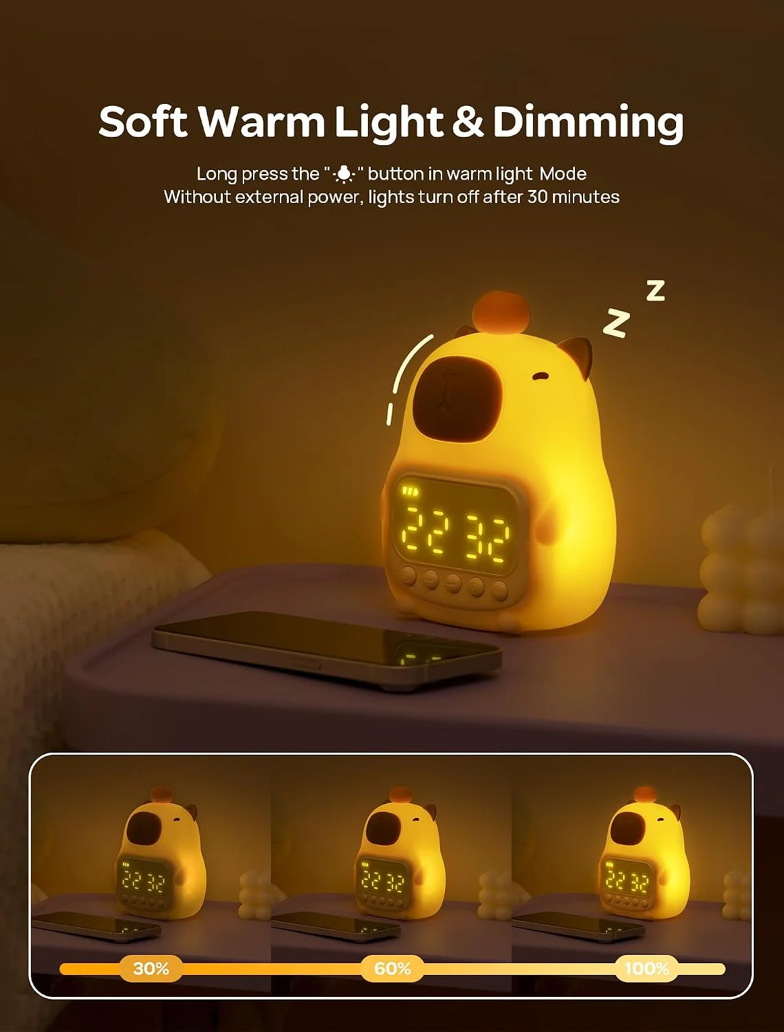 Cute Rechargeable Touch Alarm Clock for Kids, Night Light Snooze Function 12/24H Desktop Display Table Clock, Music Alarm Child