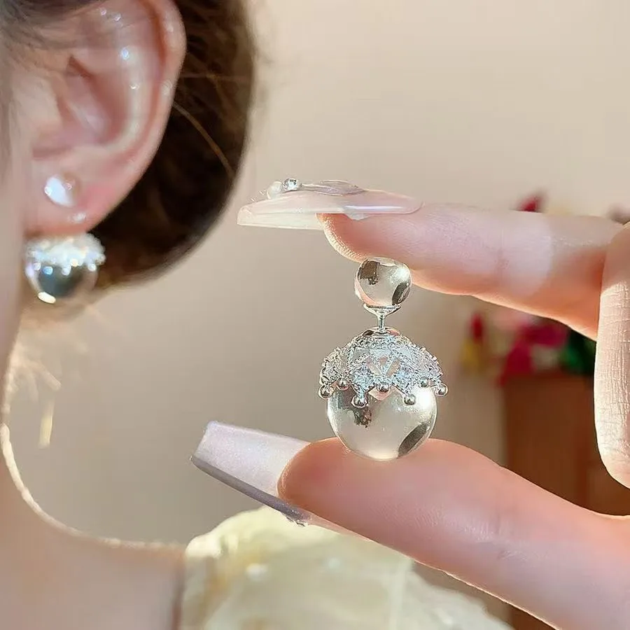 Luxury Double sided White Crystal Crown Stud Earrings Women High Fashion Two Wear Earrings Niche Jewelry Gifts