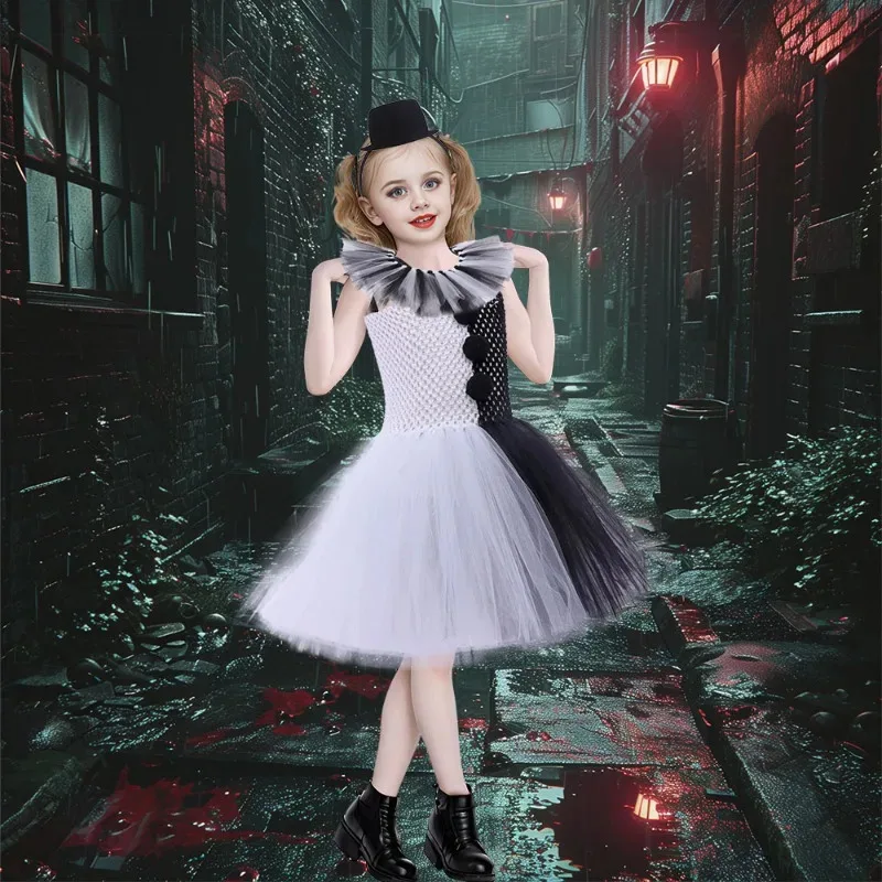 Kostum Badut Karnaval Halloween Tutu Hitam Putih Lucu untuk Gaun Pesta Ulang Tahun Anak Perempuan Set Aksesori Pakaian Hadiah Liburan Dfd56