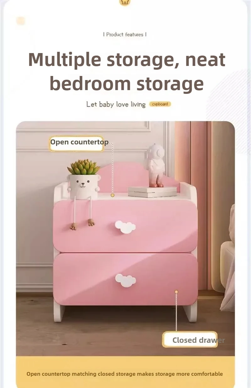 Modern Nightstand with Double Drawers Cute Kid's Bedside Table Multi-Functional White Cabinet for Girls' Bedrooms