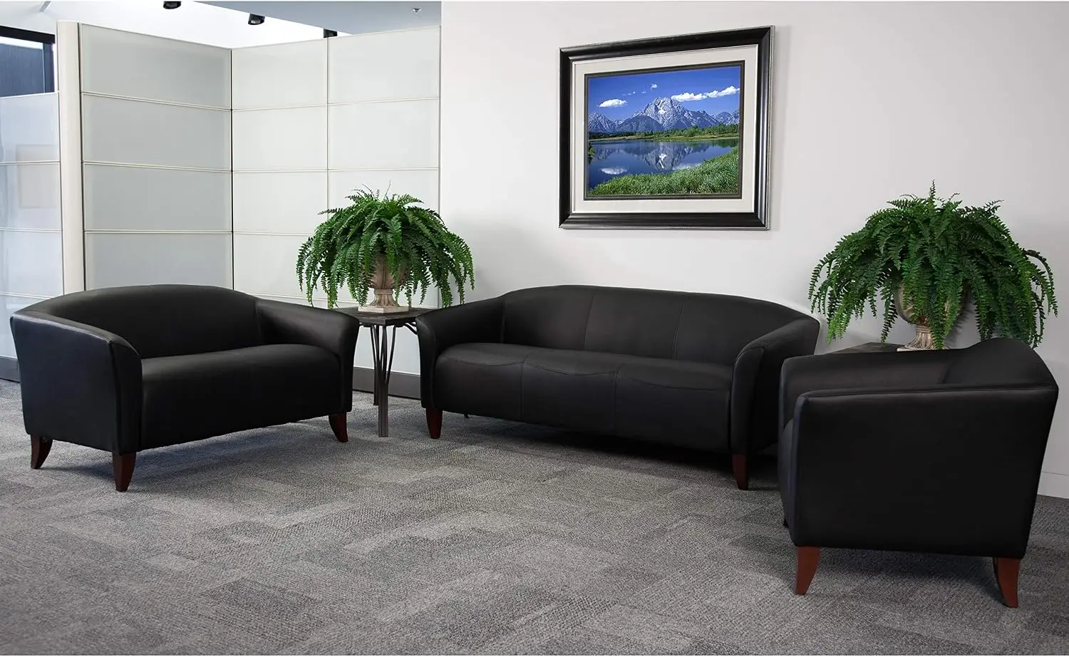Loveseat Sofa, Upholstered in Black Faux Leather, Featuring Cherry Wood Feet