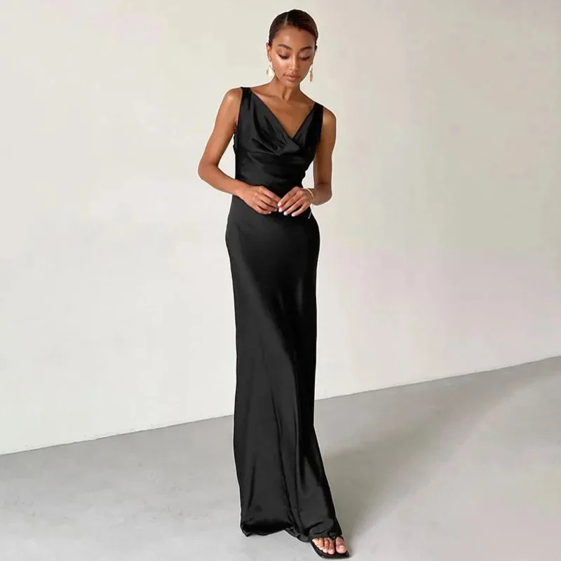 

Satin Maxi Dress Backless Sleeveless Bodycon Gown With Swing Collar For Elegant Evening Dinner Party Formal Outfit Female Look