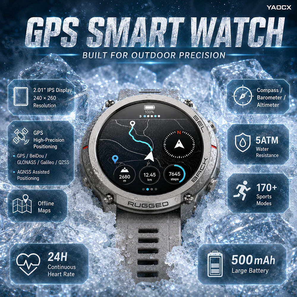 GPS Smartwatch Multi-GNSS Offline Maps Bluetooth Calling 5ATM Waterproof Heart Rate Compass Altimeter 170+ Sports Modes 500mAh