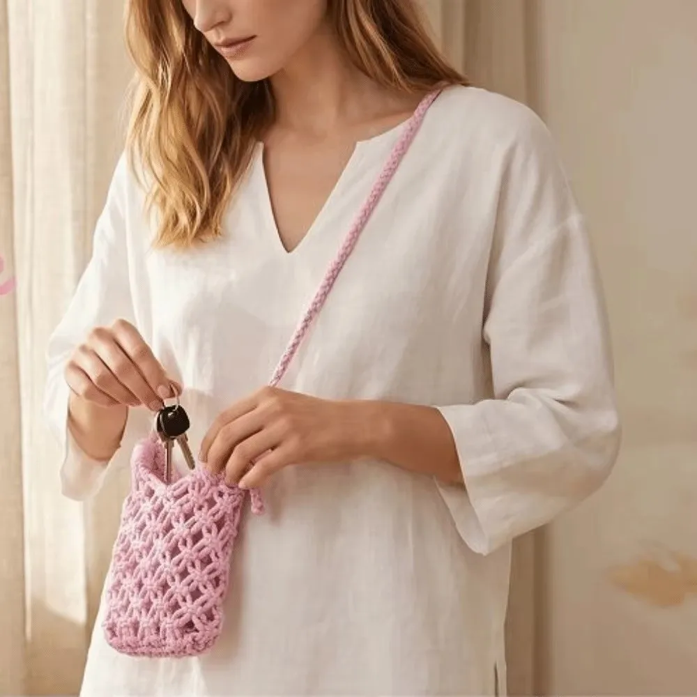 Lightweight Boho Style Woven Phone Bag Cotton Rope Hollow Mesh Crossbody Phone Bag Adjustable Lanyard Strap Crossbody Bag Women