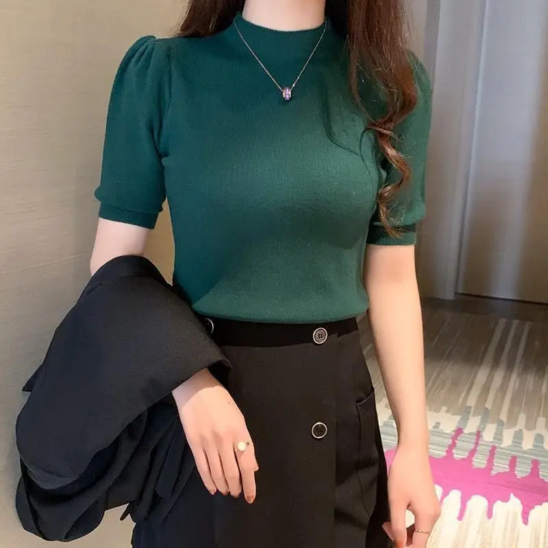 

Women's Short-Sleeved Sweater 2024 Summer New Korean Style Half Turtleneck TT Slim Fit Outer Wear Bottoming Shirt Top