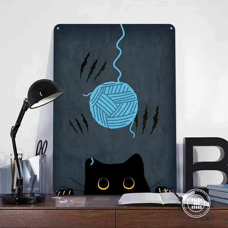 The Mighty Ball of Yarn Black Cat Printing Poster Customized Retro Wall Art Vintage Metal Signs for Mancave Bedroom Decorations