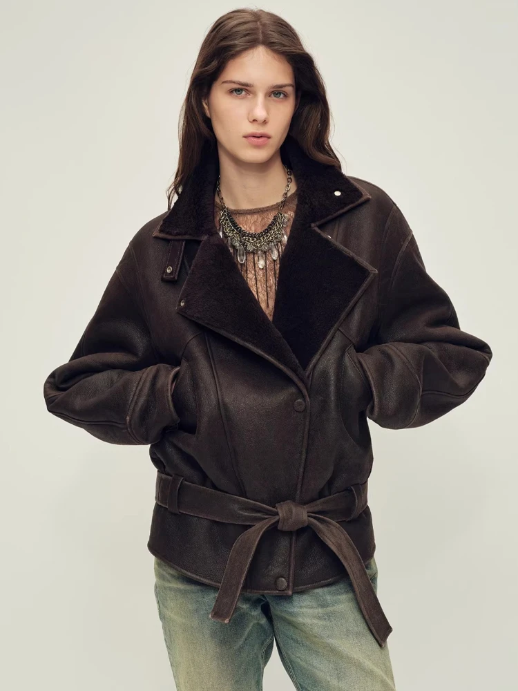 

High-end Luxury Merino Sheep Fur Motorcycle Jackets for Women 2026 New Simple Vintage Loose Winter Genuine Leather Real Fur Coat