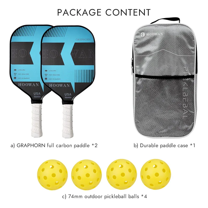 HOOWAN GRAPHORN MAX Pickleball Paddle Set of 2 Pcs Full Carbon Pickeball Rackets, 4 Pcs Outdoor Balls & 1 Case Bag