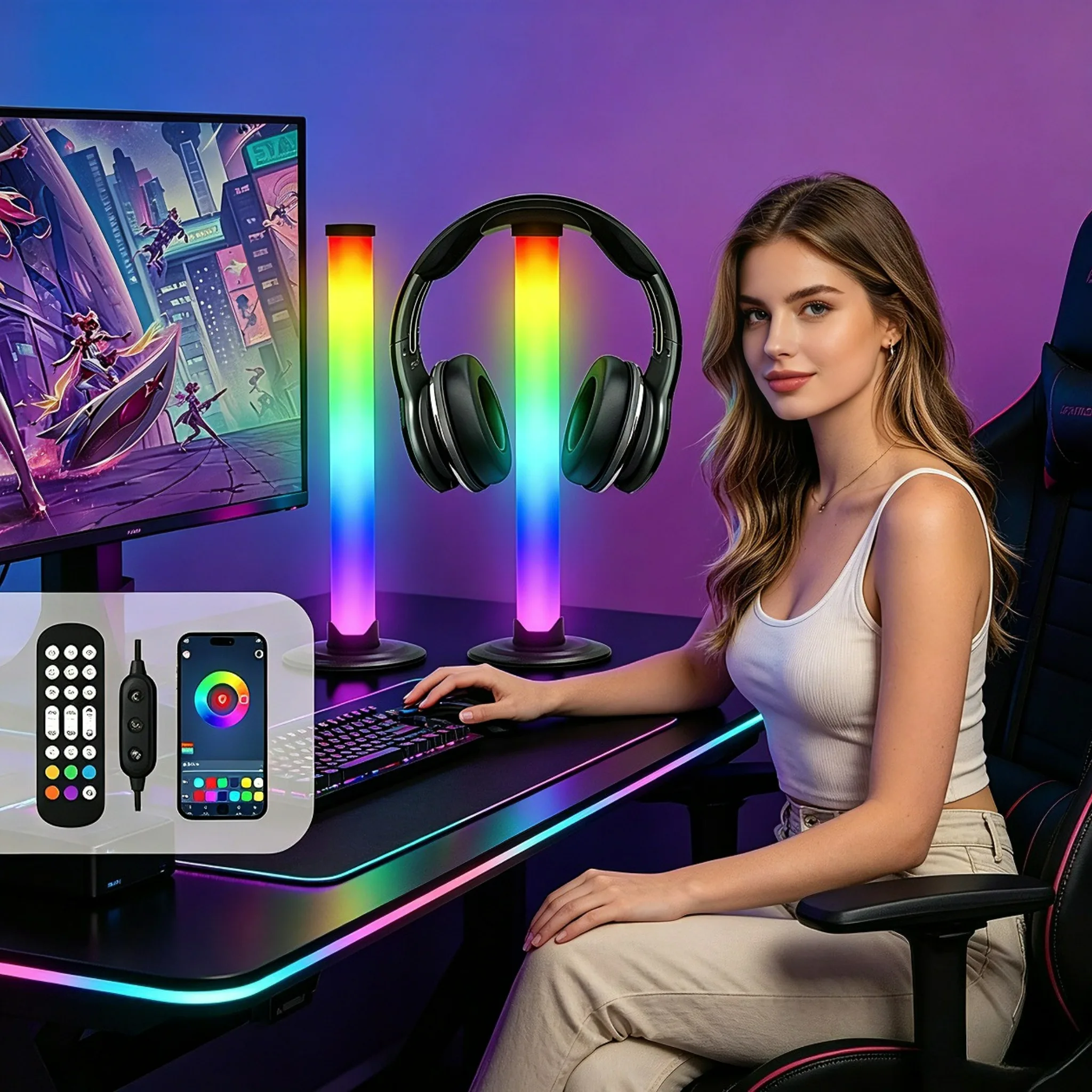 Computer Esports Atmosphere Light Music Rhythm Light Band Remote Control APP Control Detachable Pendant Earphone Placement Stand