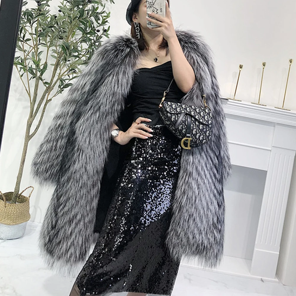 FURYOUME 2024 Winter Women Luxury Real Fur Coat Natural Fox Fur Jacket Long Genuine Fluffy Fur Overcoat Lady Fashion Streetwear