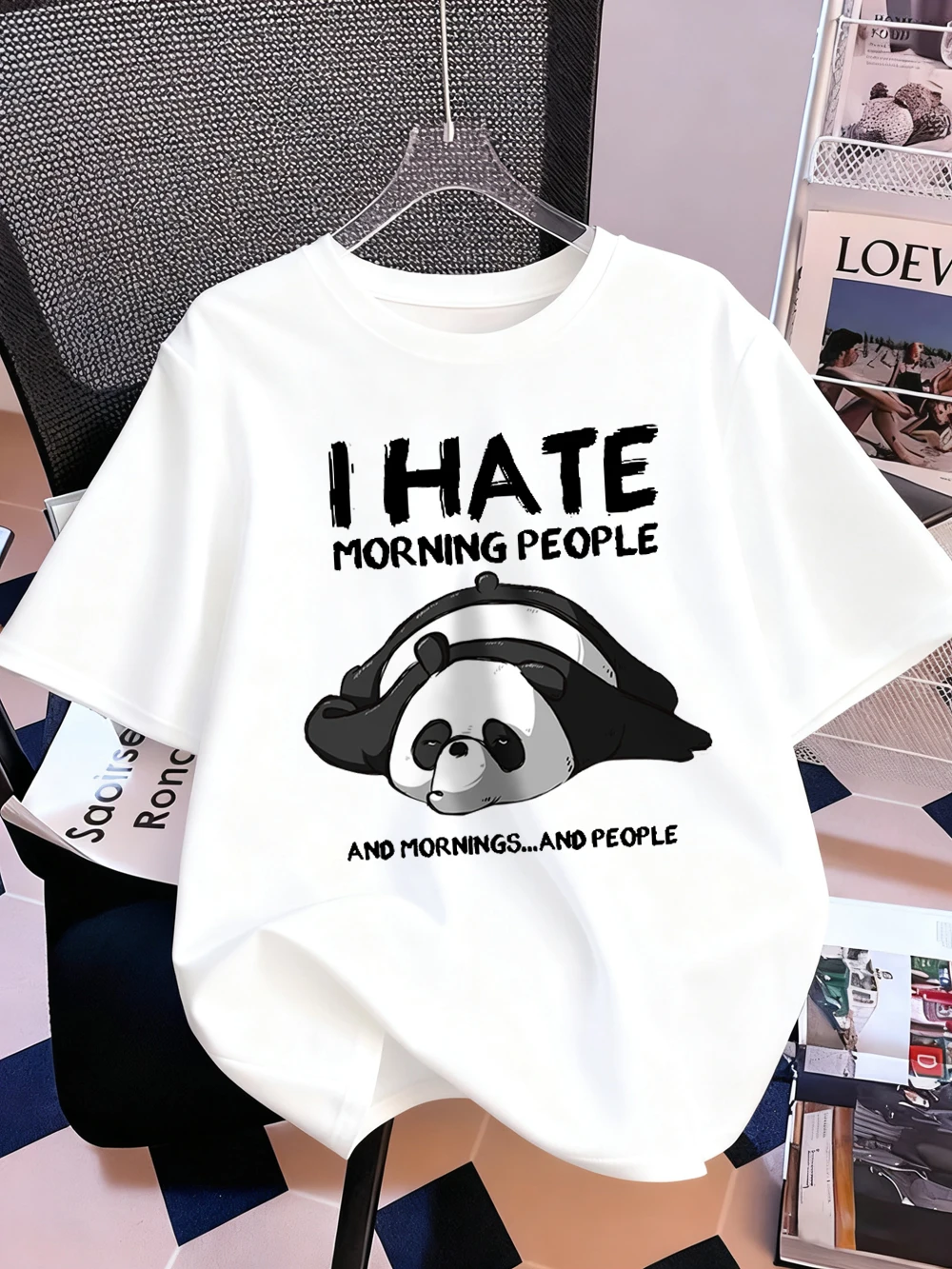 

Cute Panda Hate Morning Prints T-Shirts Womens Cotton Summer Short Sleeve Tops Comfortable Soft O-Neck T Shirt Casual Clothes