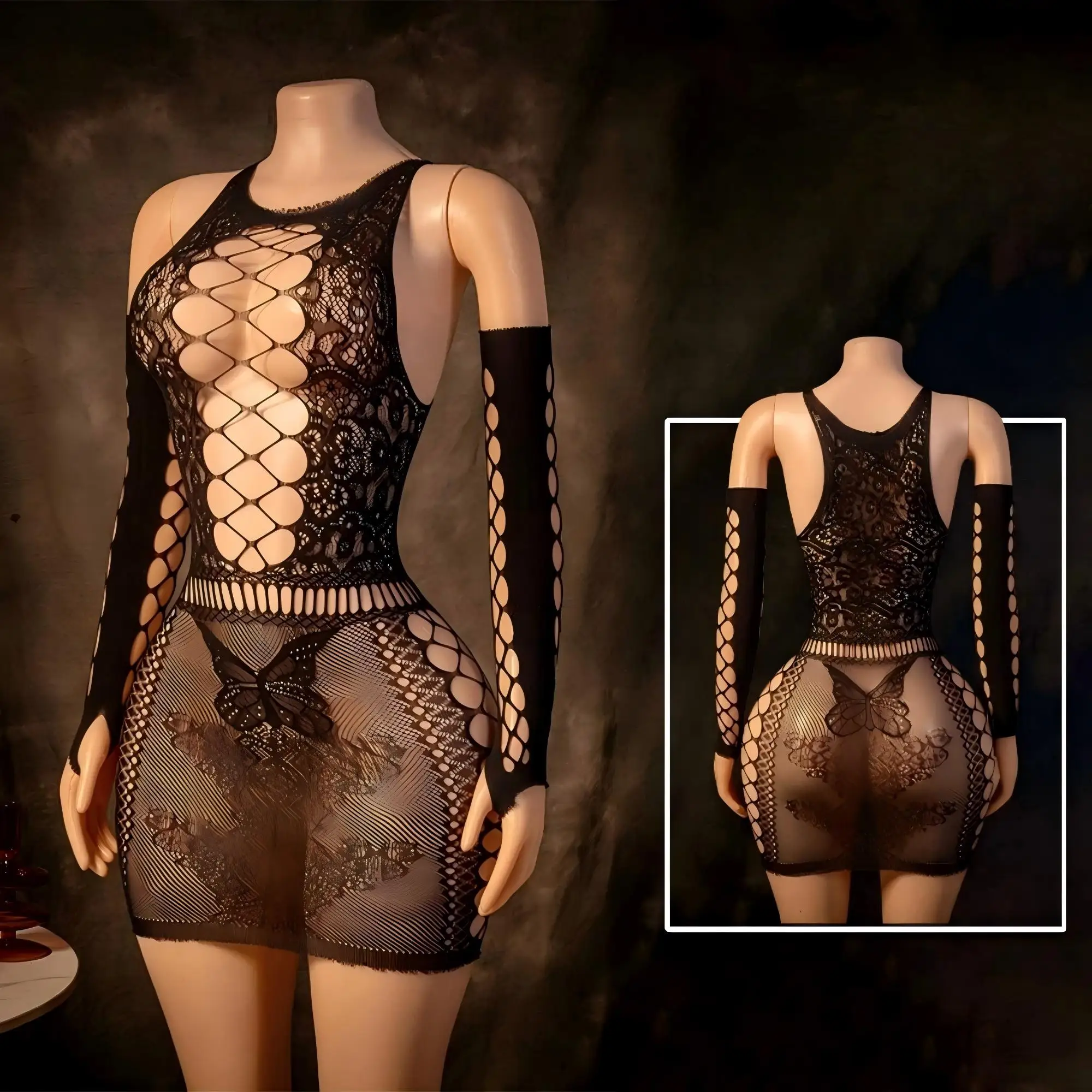 Open chest hollow out fishnet dress with gloves round neck sheer cover up women's swimwear party nightclub sexy lingerie