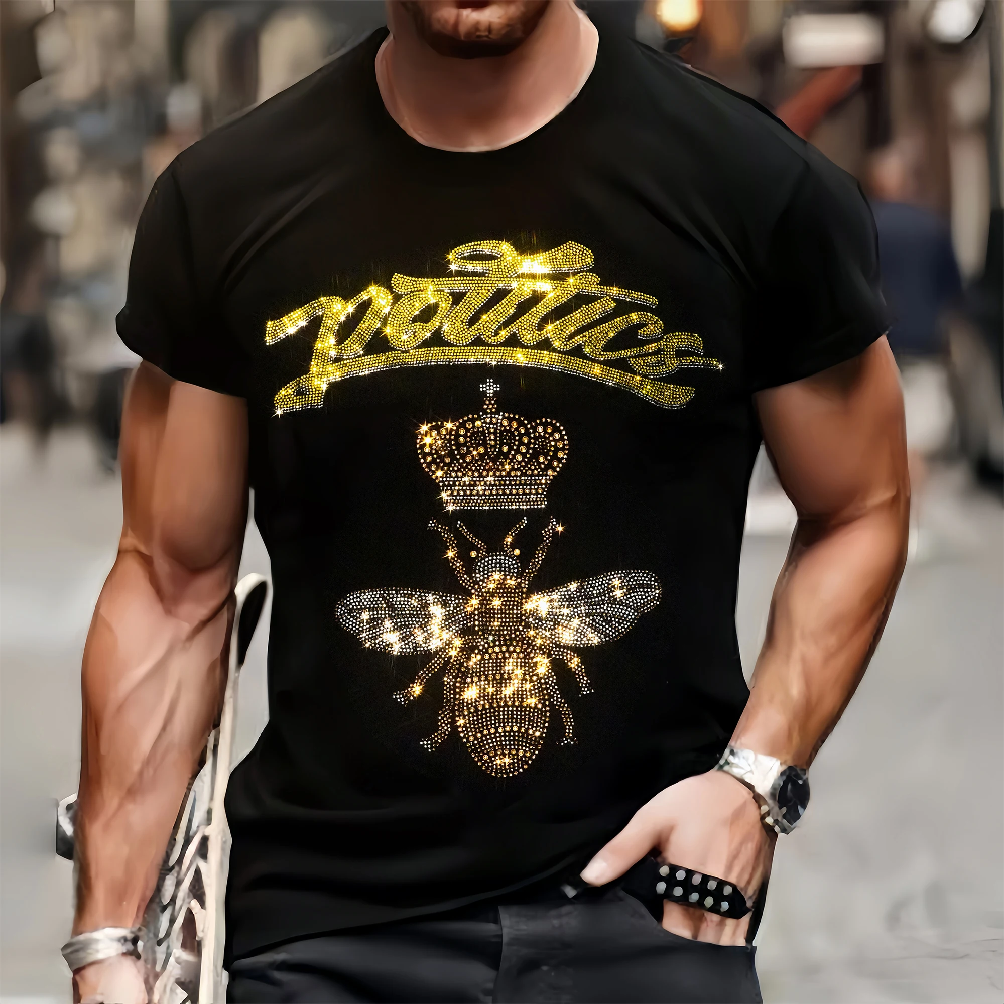 New Luxury Mens Quality T-Shirts Autumn Casual Street Short Sleeve Clothing Tee Tops O-Neck Bee Rhinestone Breathable Tshirt Y2k