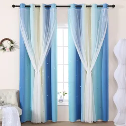 1PC Blue and Yellow Gradient Stars Perforated Curtains, Fabric Yarn One Double Layer Curtains, Living Room Blackout Decoration