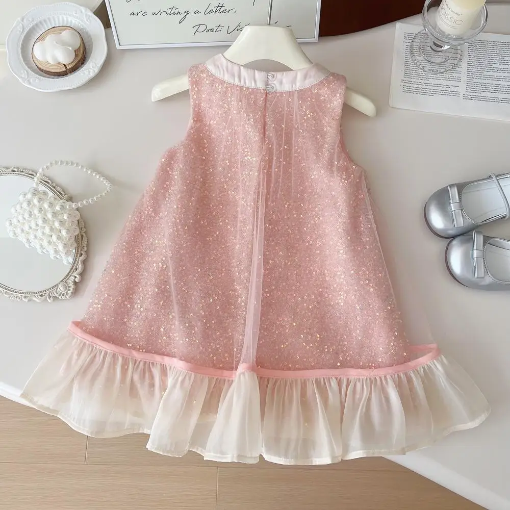Summer New Sweet Children Girls Dress Sleeveless Bow Kids Dresses Girl Cute Tulle Sequin Princess Toddler Clothing for Ball ﻿