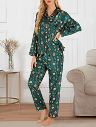 Women Satin Silk Pajama Set Heart Moon Print Long Sleeve Button Closure Tops with Pants Sleepwear Loungewear