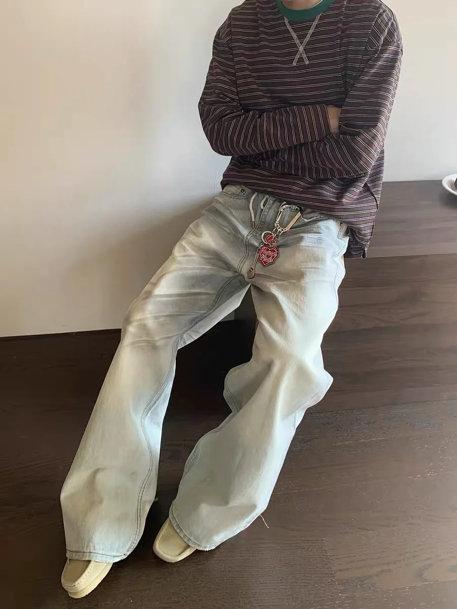 

Retro American Cry Stain Design Loose Jeans Men Women All-Match Wide Leg Casual Straight Leg Pants Polyester Fiber