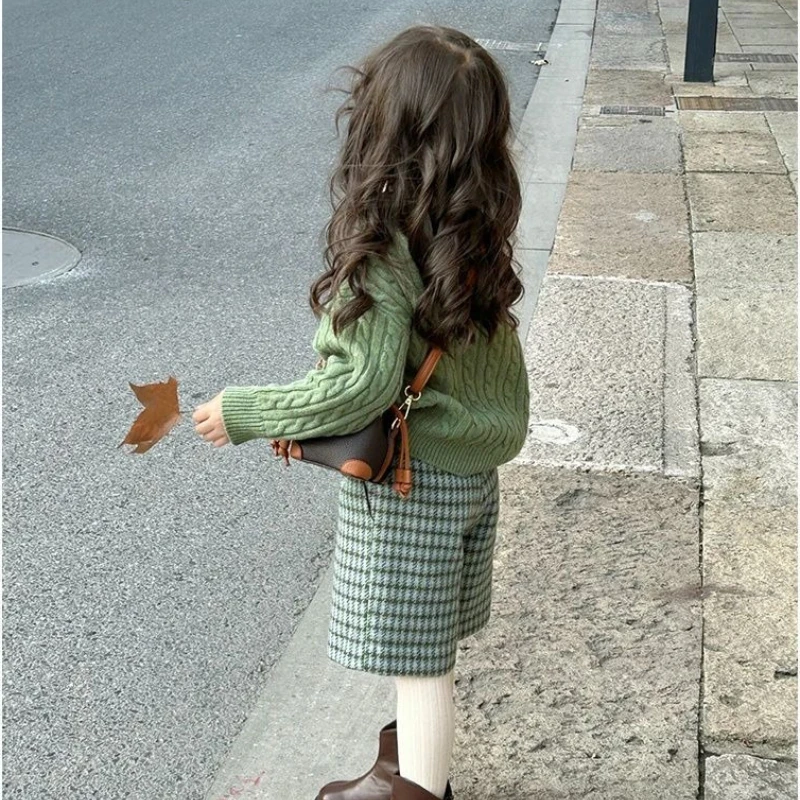 2026 Autumn/Winter New Coarse Needle Sweater and Thousand Bird Plaid Woolen Pants Two Piece Set