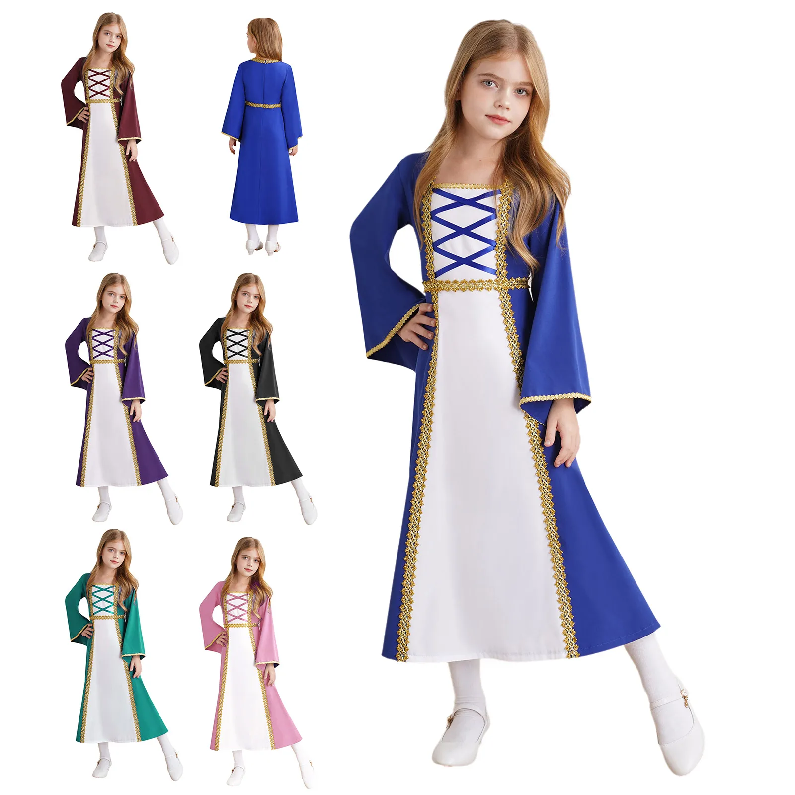 Kids Girls Medieval Renaissance Royalty Princess Dress Costume Dress Up Fancy Costume Gown for Halloween Party Stage Performance