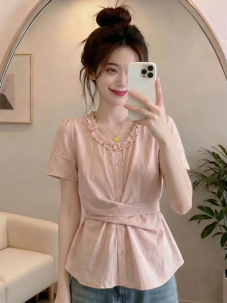 

Pink Lace Shoulder Short Sleeve Women's Shirt Summer New Style plus Size Beautiful Small Top Waist Cinched Fashionable Blouse