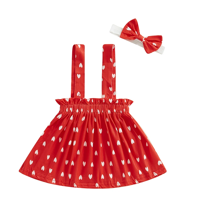 Toddler Baby Girls Valentine Suspender Dress Heart Print Sleeveless A Line Dress with Bow Headband