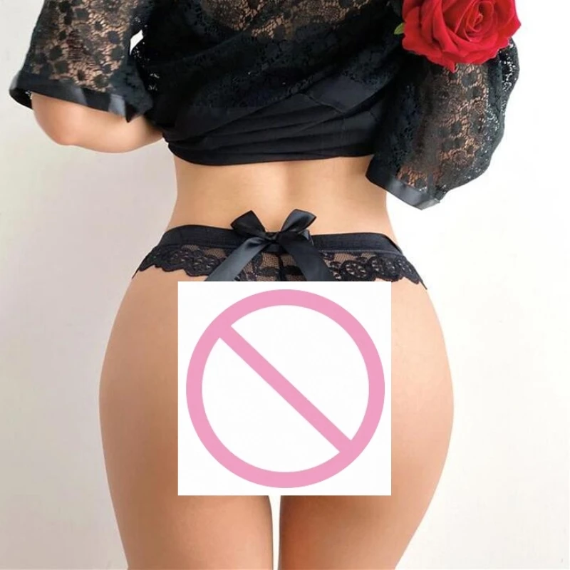 Sexy Transparent Lace Lady thong Solid Color Women's Underwear Buttocks Big Bow Decoration T-back Temptation Mesh Female T-pants