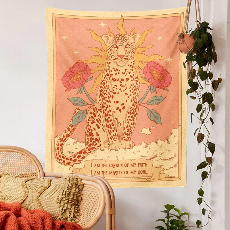 Vintage Sun Tapestry Wall Hanging Tarot Sun Moon Tiger Aesthetic Floral Decor Bohemian Tapestries Witchcraft Dorm Home Decor