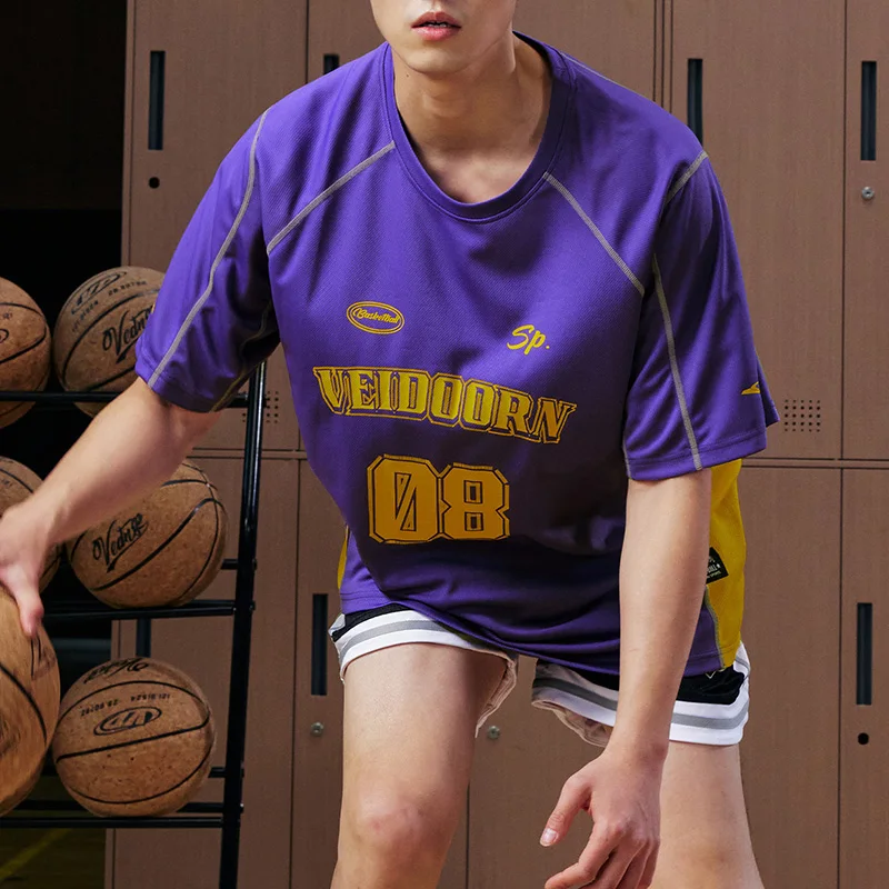 Veidoorn 2025, lila Basketball-Shirt, Sommer, kurzärmelig, sportliches T-Shirt für Herren, leicht, dehnbar, Sportbekleidung, Team-Trikots