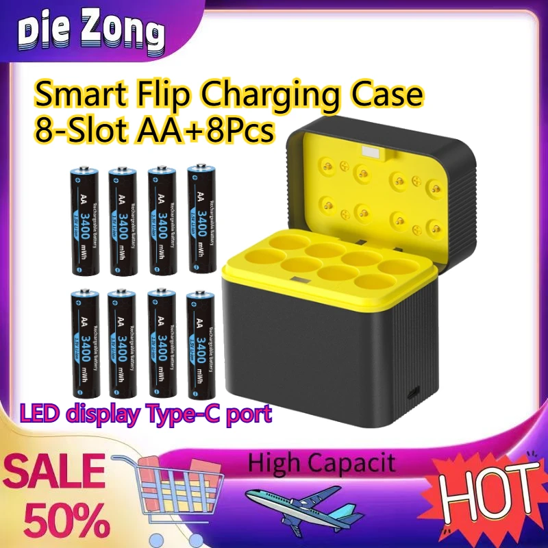 New Upgrade 2026 Version 8Pcs 3400mWh 1.5V Constant Voltage AA Type-C Lithium-Ion Rechargeable Battery Smart Flip Charging Case