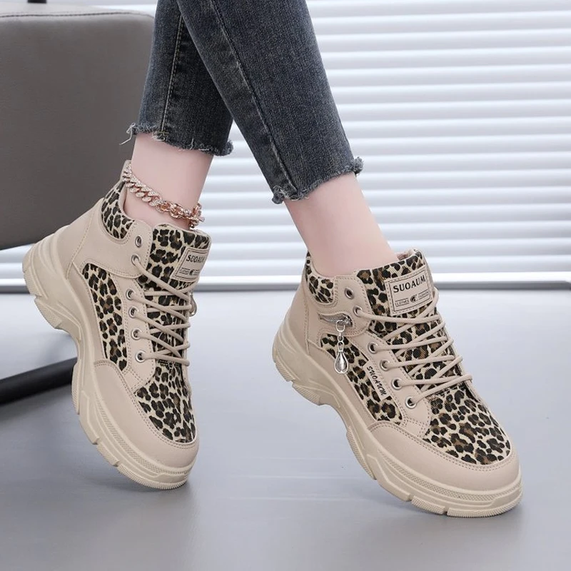 Unisex Lace-up High-top Sports Shoes Women's Fashion Leopard Print Platform Sneakers Outdoor Casual Shoes Metal Zip Riding Boots