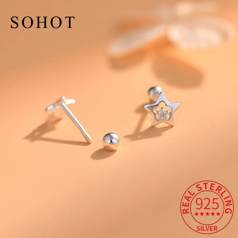 

Real 925 Sterling Silver Cute Hollow Star Zircon Stud Earrings for Elegant Women Piercing Screw Bead Fine Jewelry Accessories