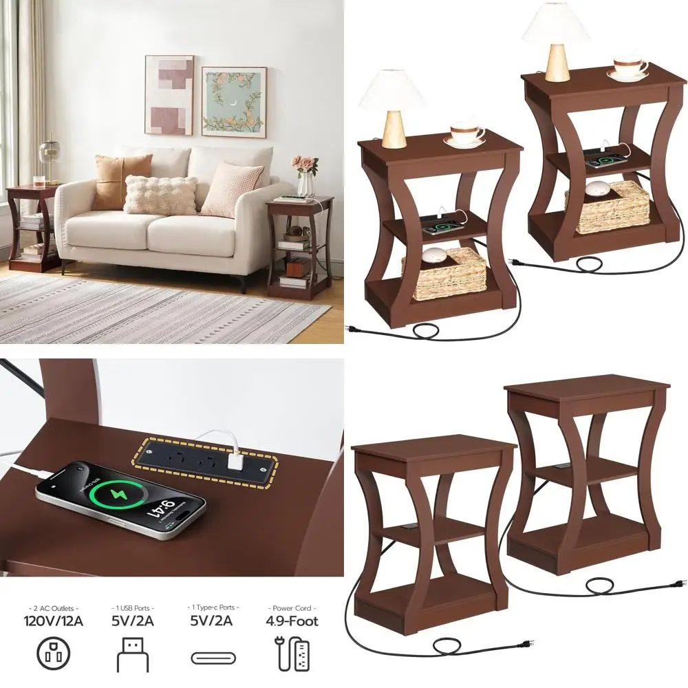 

Комплект из 2-х прикроватных тумбочек с зарядной станцией, USB-портами и розетками, 3-уровневое хранилище для гостиных и спален