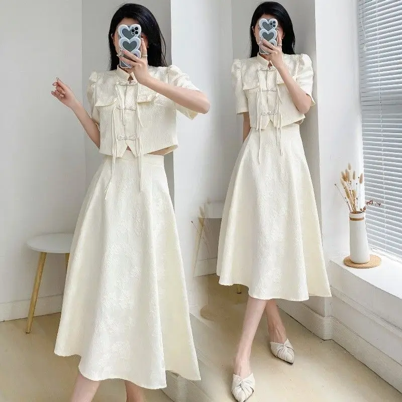 2024 New Chinese Short Sleeved Top Half Skirt Large Qipao New Women\'s Summer New Style Slimming Two Piece Set for Woman