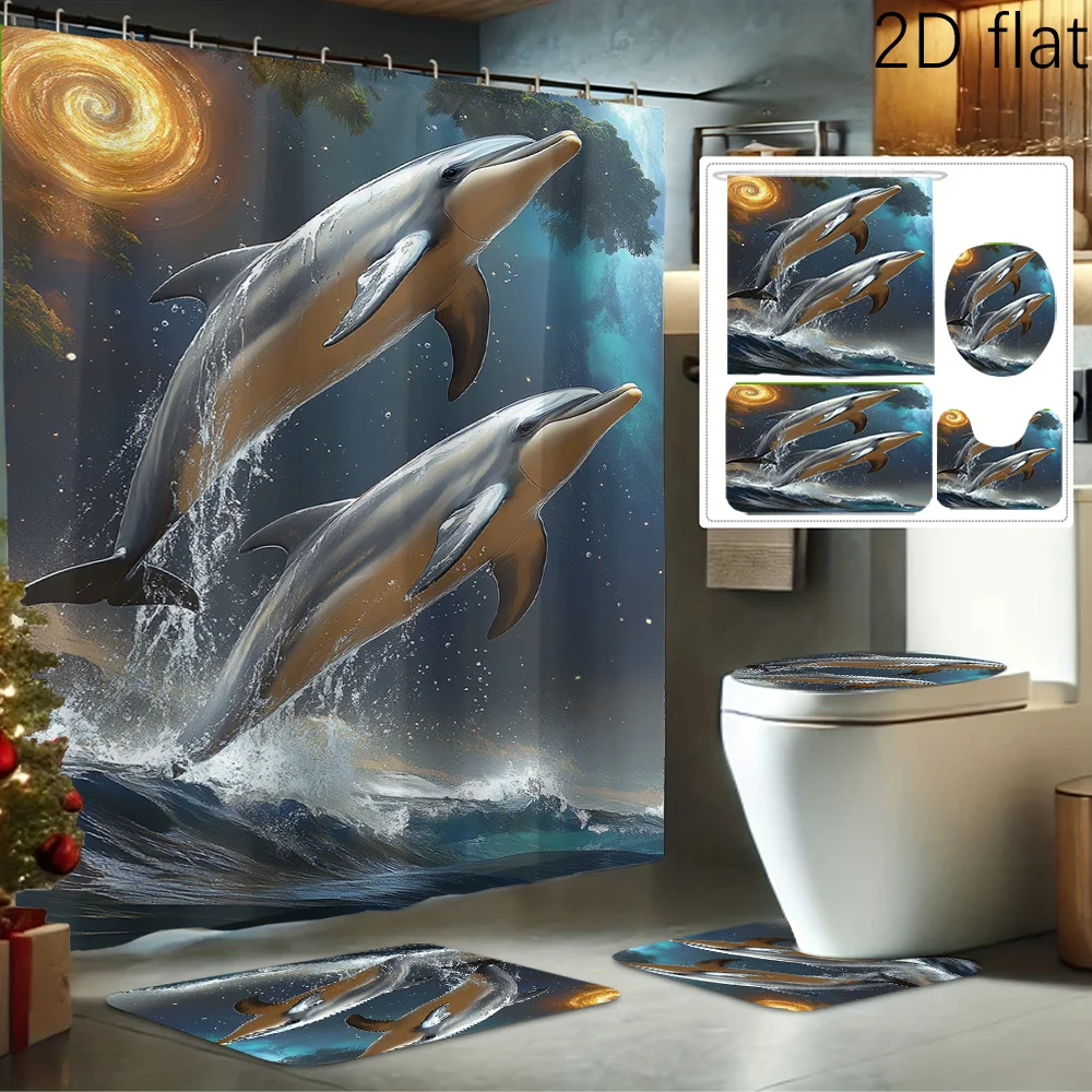 

2Dflat 4pcs Dolphin Leaping Waves Sunset Print Shower Curtain Set, Decorative Bathroom Set Includes Shower Curtain, Non-Slip