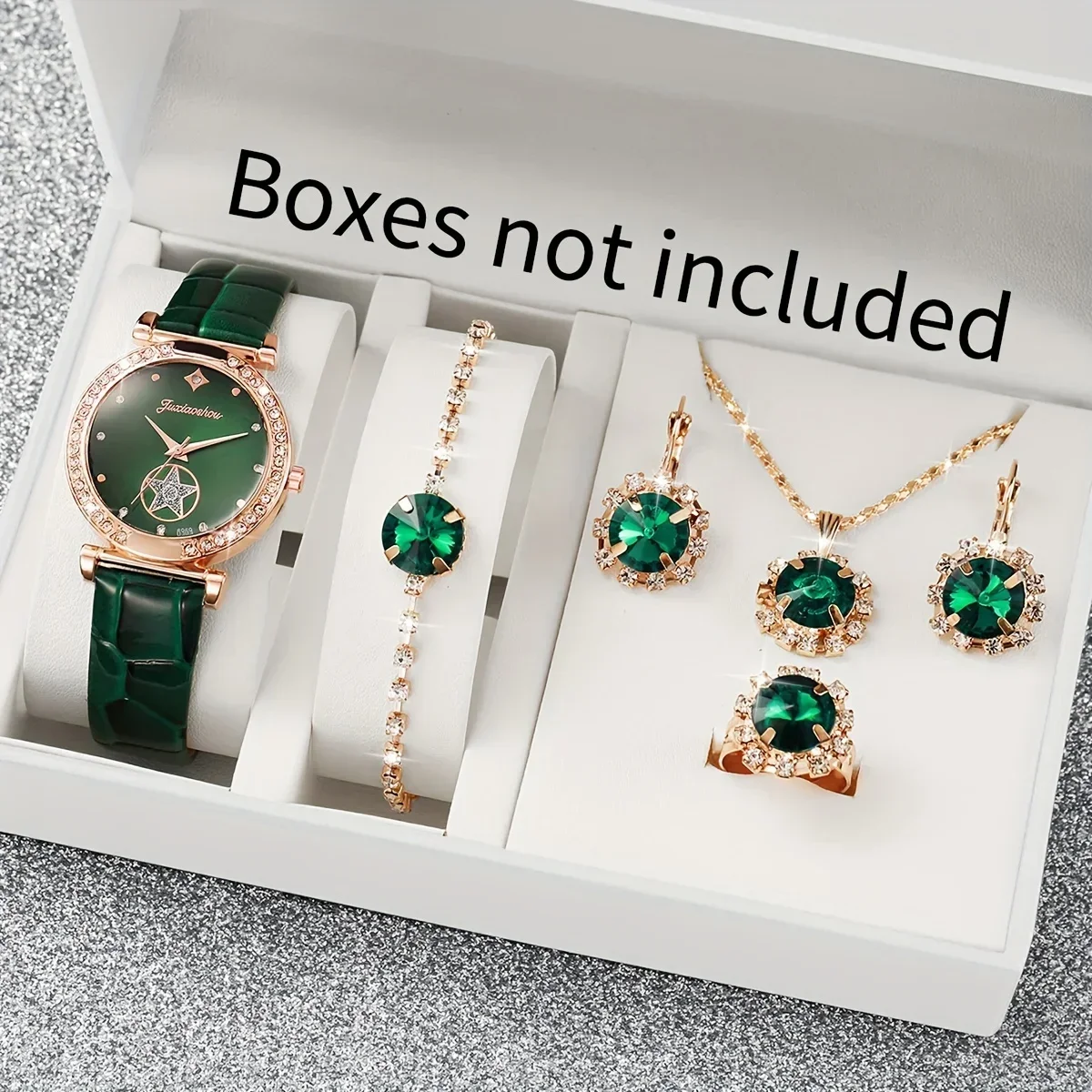 6-piece set of green luxury quartz watches for women, rings, necklaces, earrings, rhinestones, fashionable watches casual ladies