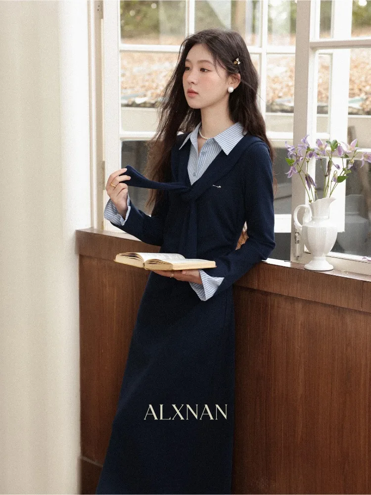 ALXNAN Women's Striped Shirt Dress Long Sleeve Belted French Style Midi Fall Elegant Casual Party Dresses Female Clothing L59029