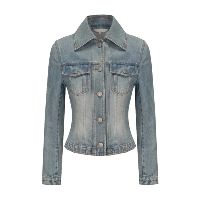 معطف نسائي من قماش الدنيم بأكمام طويلة وياقة مقلوبة