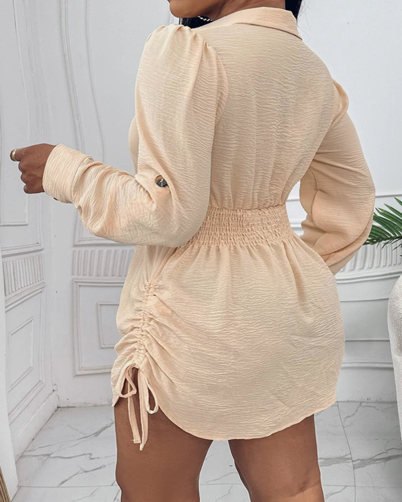 Elegant Women's Dress Plus Size Turn-down Collar Long Sleeve Button Front Shirt Dress Casual Drawstring Roll Up Mini Dresses