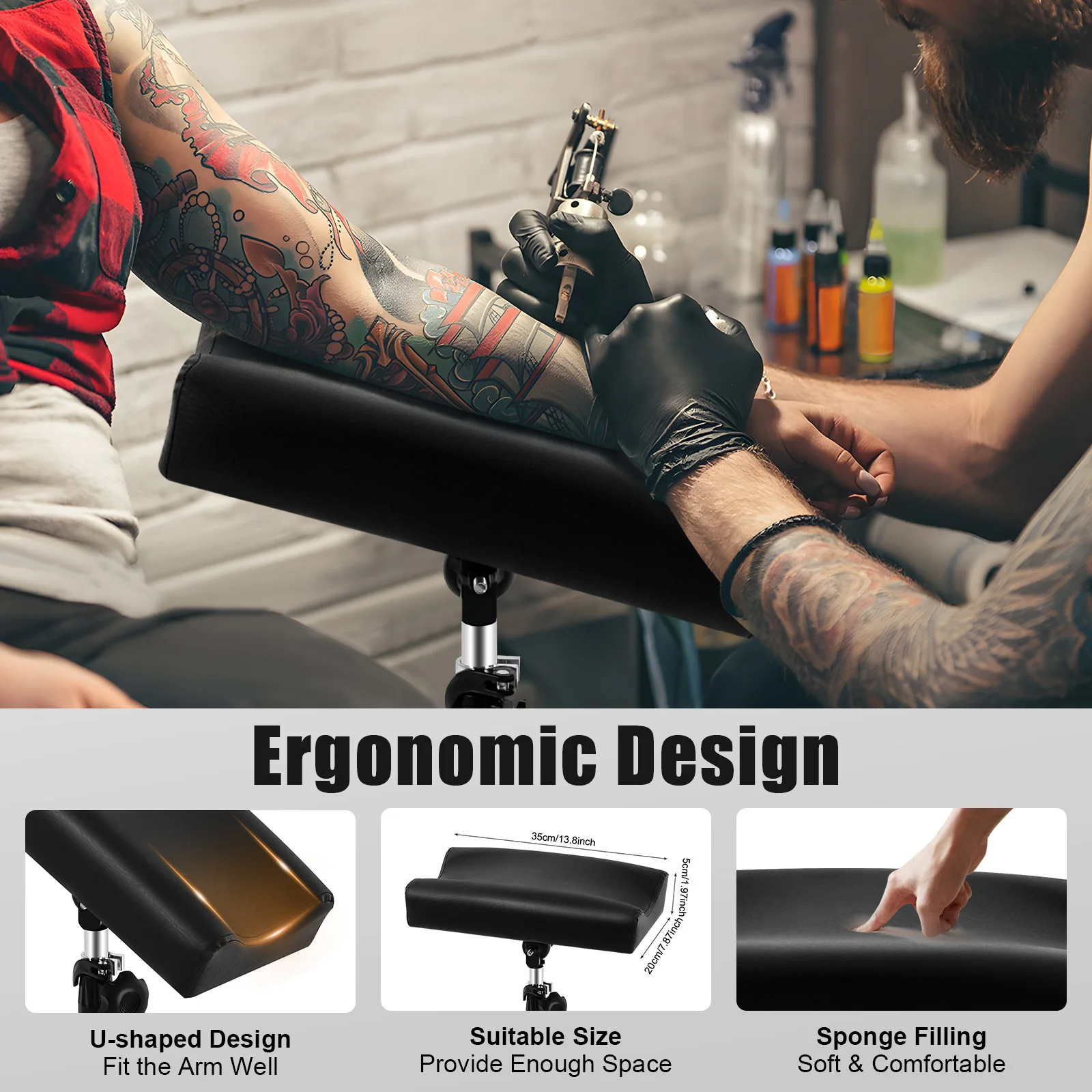 مسند ذراع وشم ثابت بثلاثة أرجل، حامل معزز، مقابض موسعة، عملية سهلة، خياطة وسادة دقيقة