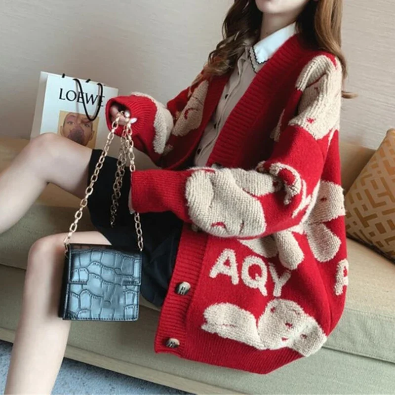 EVNISI Women Red Knitted Warm Sweater Bear Floral Printed Sweater Coat Single-breasted Cardigan Coat Women 2024 Autumn Winter