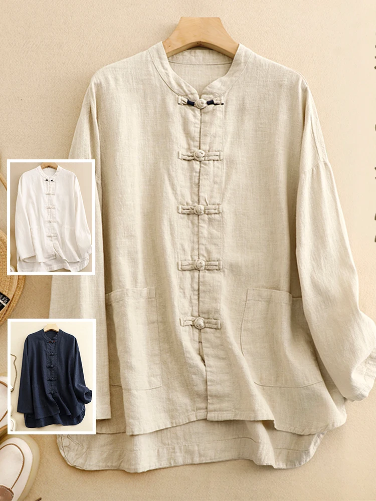 

Retro Chinese Sle Pure Color Hemp Cotton irt Jaet Large Size Women's Asymmetrical Zen Tea Clothing Spring Season