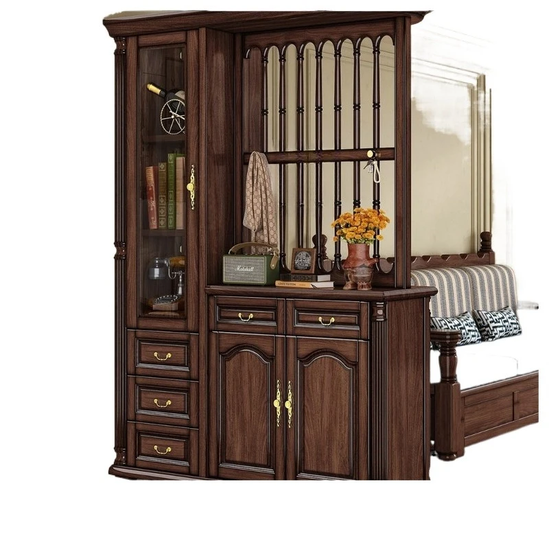 CX vintage style solid wood screen cabinet, entryway black walnut wine cabinet