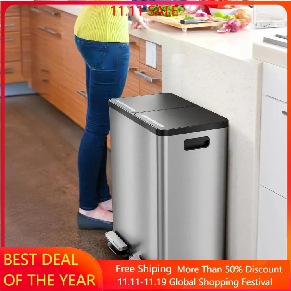 Dual Trash Can and Recycling Bin , Stainless Steel Trashcan for Kitchen with Odor Filters, Soft Quiet Close, Kitchen Trash Cans