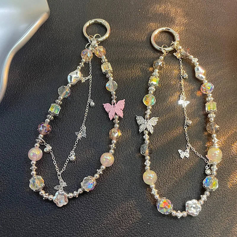 

Легкая роскошная подвесная цепочка для телефона с розовой бабочкой, светящаяся подвеска из бисера, хрустальное запястье, камера CCD, подвесная веревка для чехла для телефона