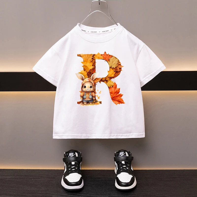 Maple Leaves Letter R Children T-shirt Kawaii Clothes for Girls T Shirt Anime Cartoons Casual Kid Boy Short Sleeve Tops New 2024