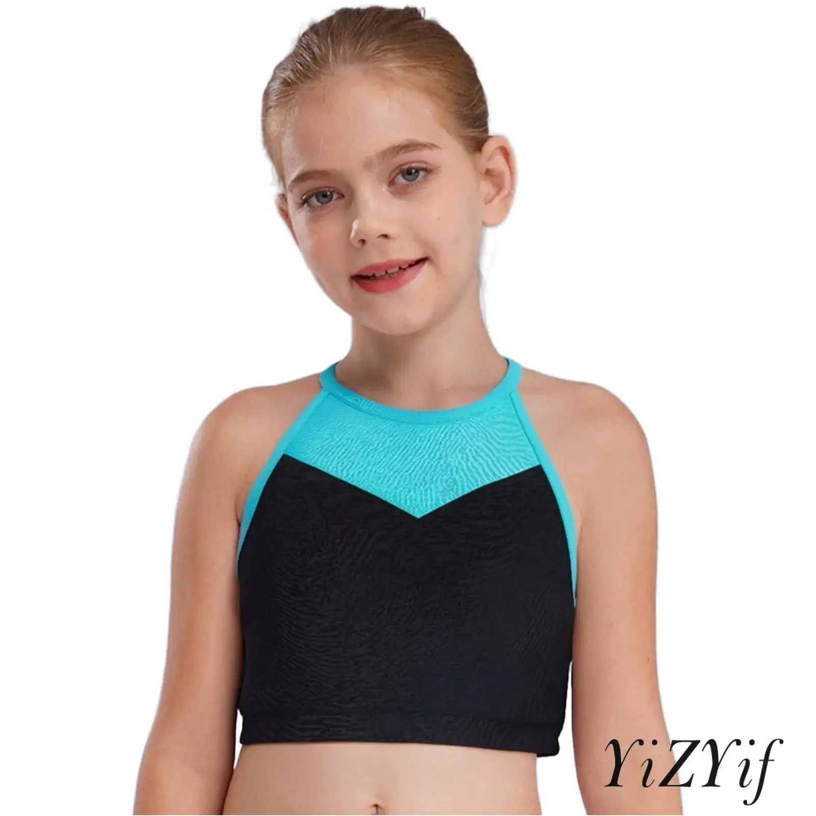 

Kids Girl 2-Piece Gymnastics Sports Outfit Sheer Mesh Patchwork Dance Vest with Leggings for Workout Yoga Figure Skating Dance
