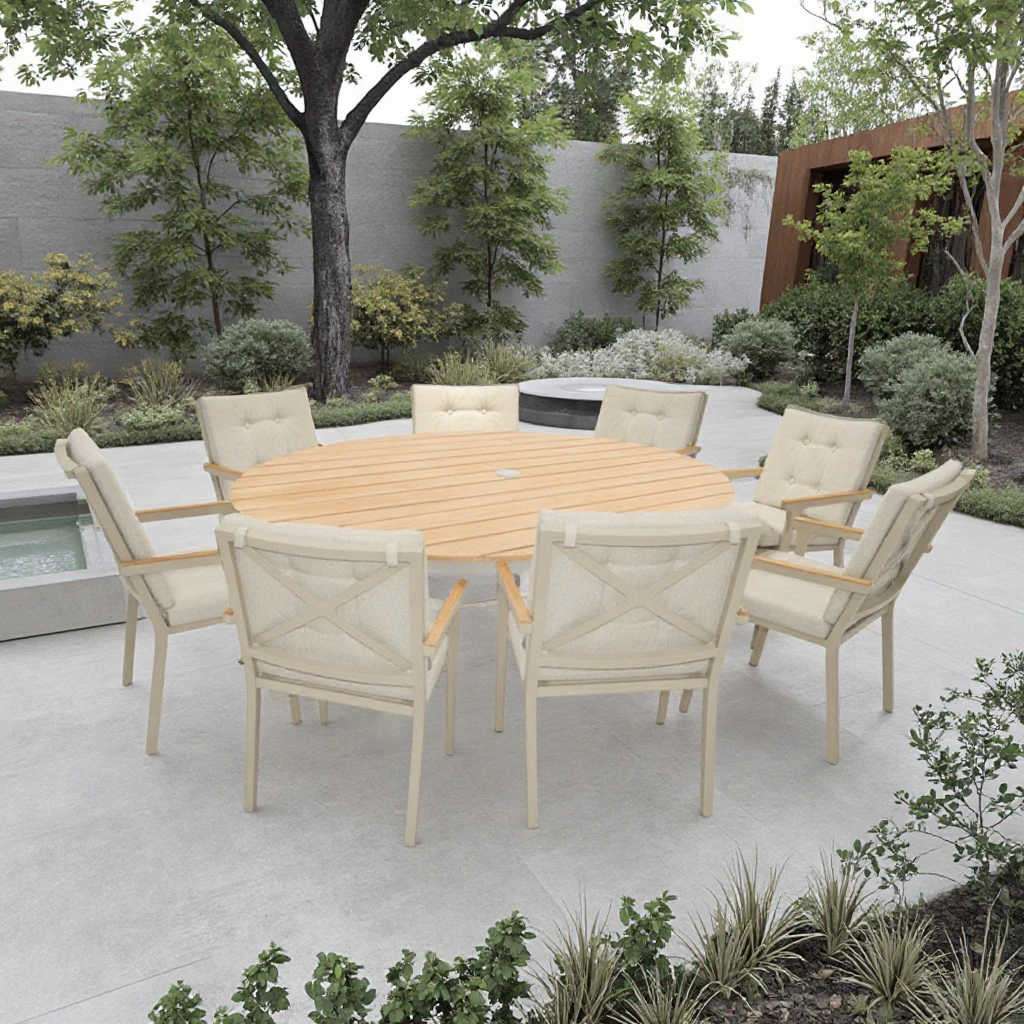 

Modern Luxury 9pcs Aluminum Tube Dining Table Set for Outdoor Home Kitchen Hotel Farmhouse Villa Courtyard Use